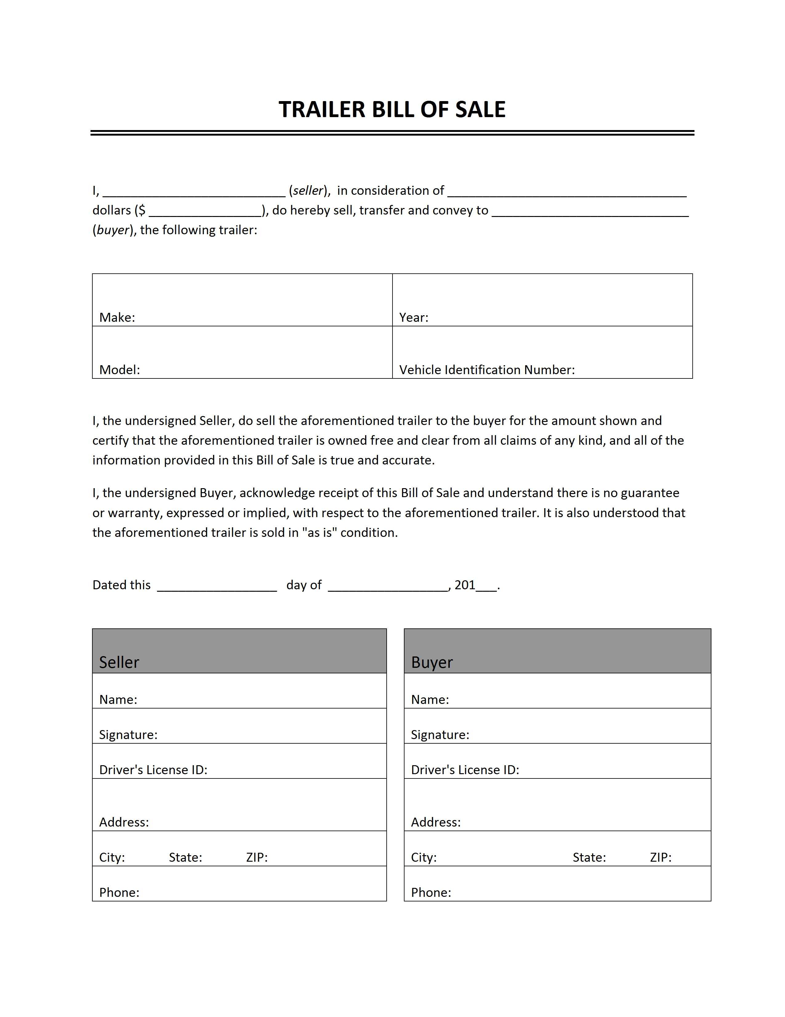 Free Printable Bill Of Sale Camper Form GENERIC Document