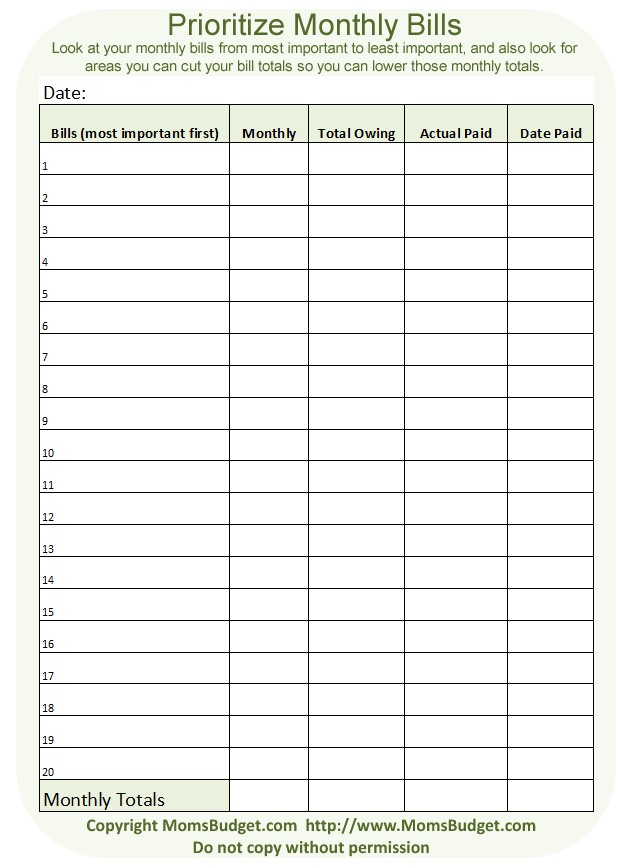 Free Printable Blank Charts Monthly Bills Worksheet Document Bill Paying