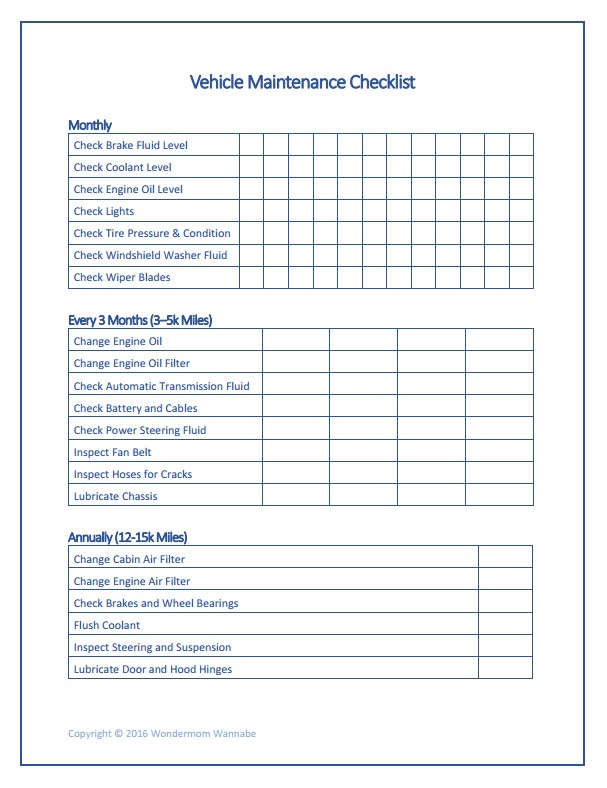 Free Printable Car Maintenance Checklist Document Vehicle