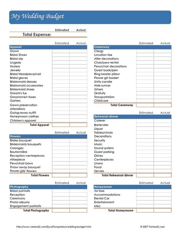 Free Printable Wedding Budget Worksheet PDF From Vertex42 Com Document Template