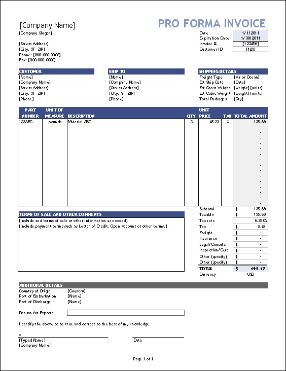 Free Proforma Invoice Template For Excel Document Format Export