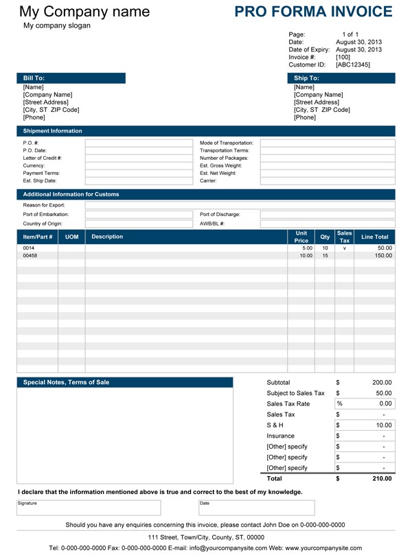 Free Proforma Invoice Template For Excel Document