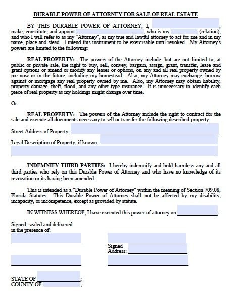 Free Real Estate ONLY Power Of Attorney Form Florida PDF Document Durable