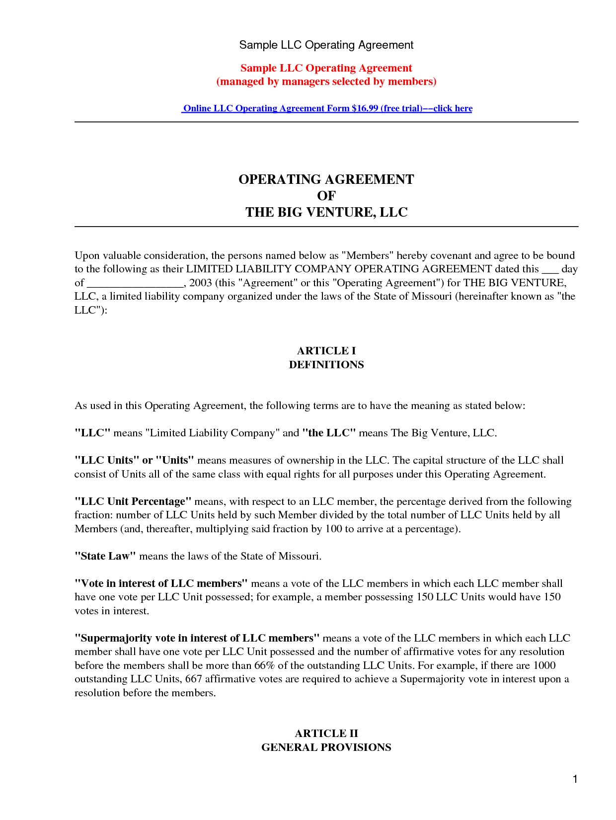 Free Sample Llc Operating Agreement By KennWooD Partnership Document Vs