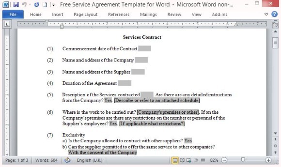 Free Service Agreement Template For Word Document
