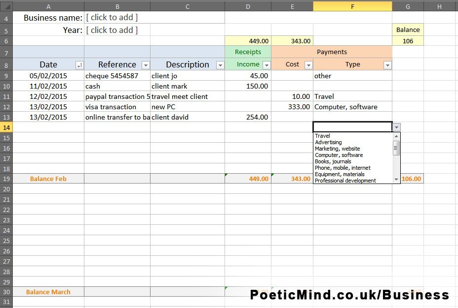 Free Simple Bookkeeping Excel Spreadsheet Poetic Mind Document Self Employed
