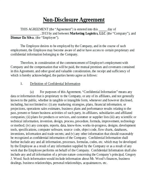 Free Simple Non Disclosure Agreement Template Tridentknights Com Document