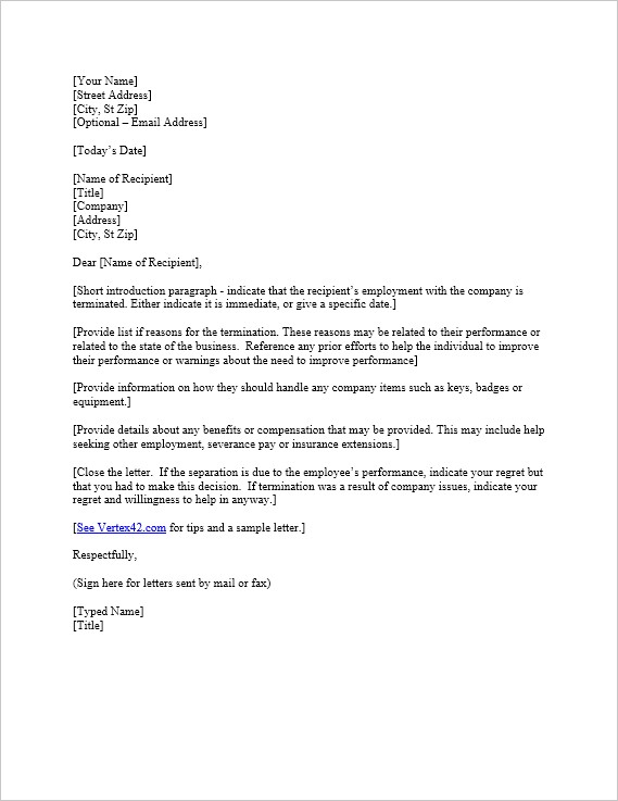 Free Termination Letter Template Sample Of Document Separation Example