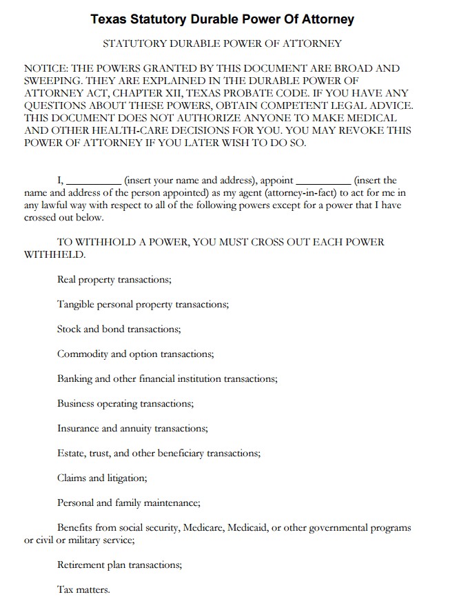 Free Texas Financial Durable Power Of Attorney Form PDF Template Document
