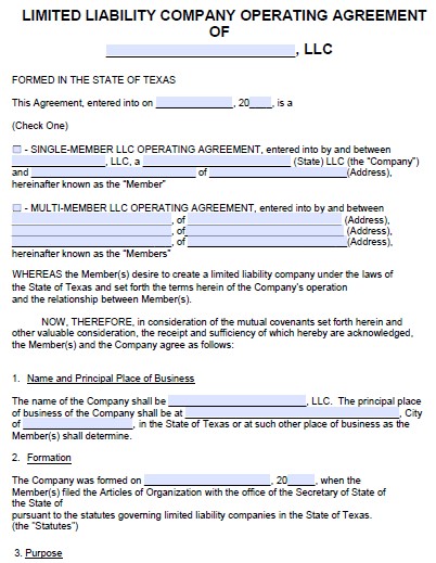 Free Texas LLC Operating Agreement Template PDF Word Document Llc