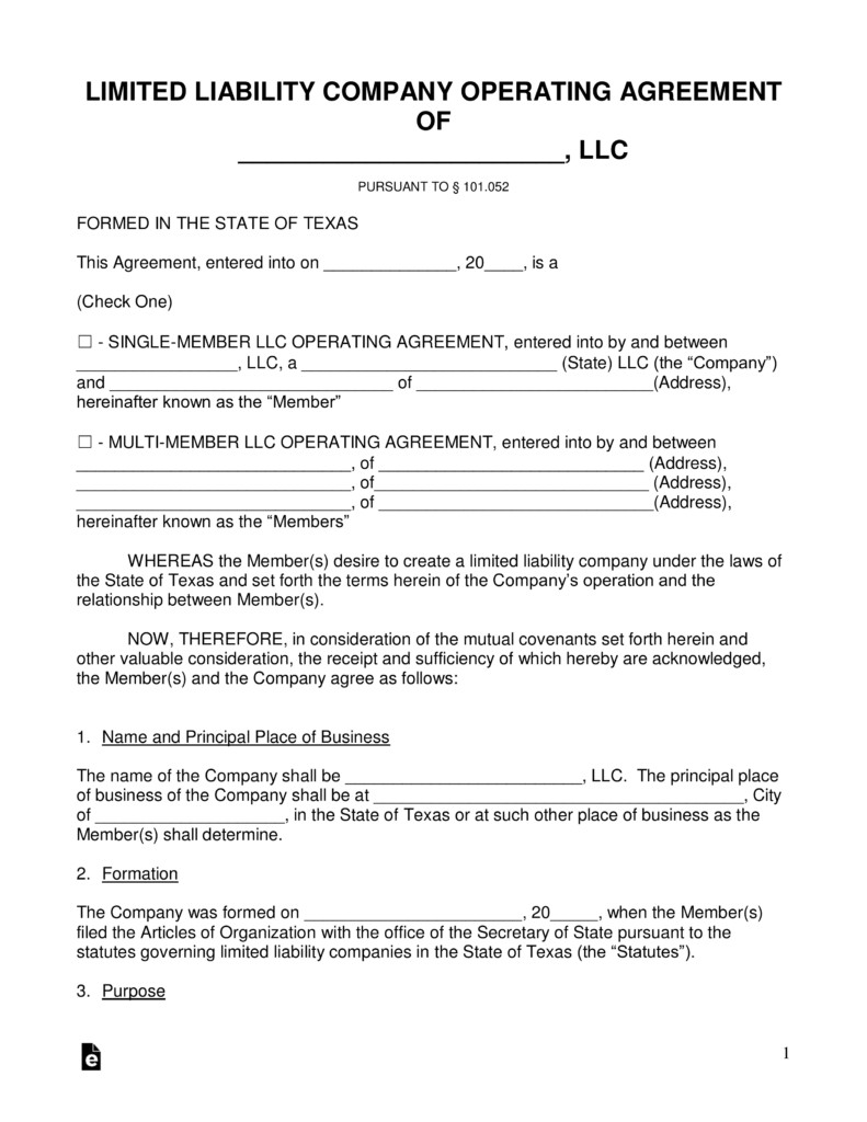 Free Texas LLC Operating Company Agreement Forms PDF Word Document Llc