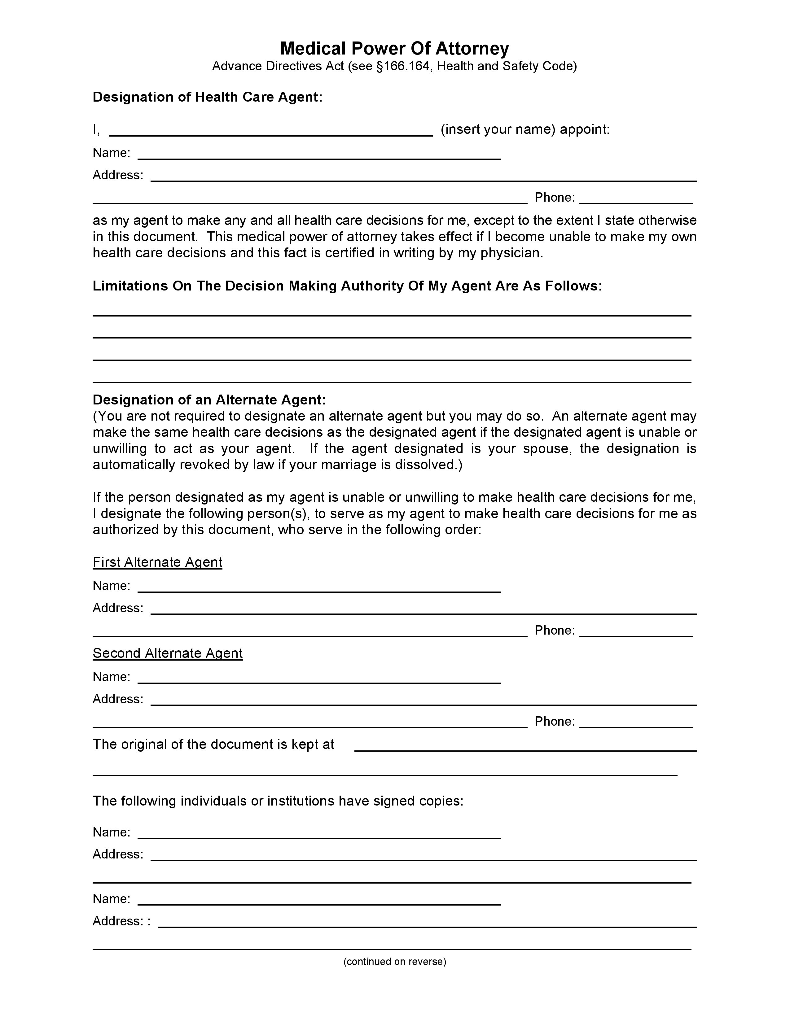 Free Texas Medical Power Of Attorney Form PDF Template Download Document