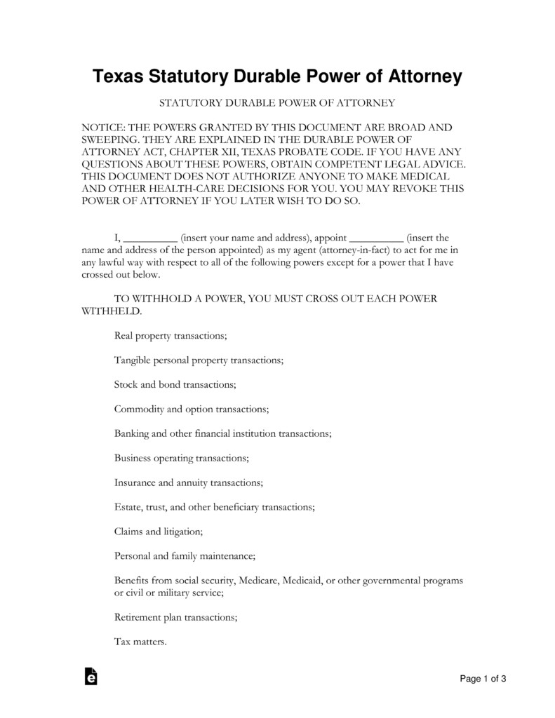 Free Texas Power Of Attorney Forms Word PDF EForms Document Template