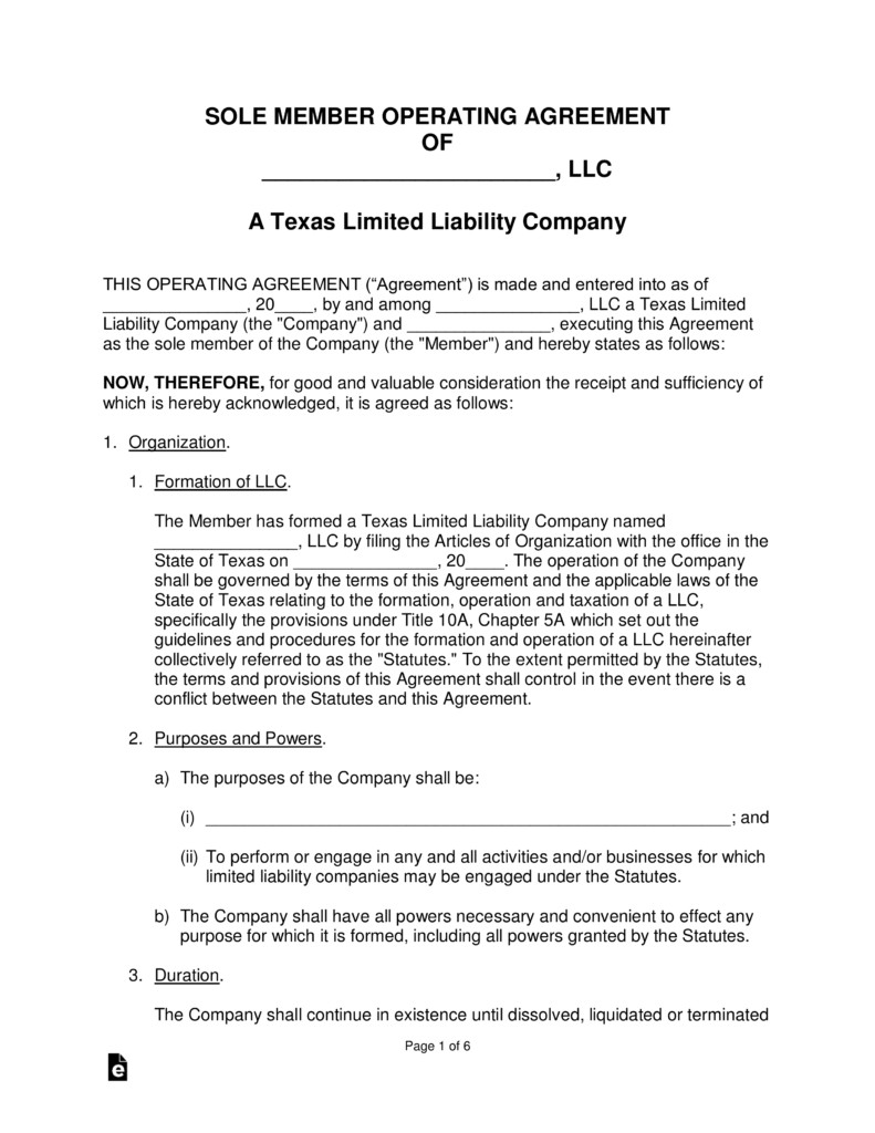 Free Texas Single Member LLC Operating Agreement Form PDF Word Document Llc