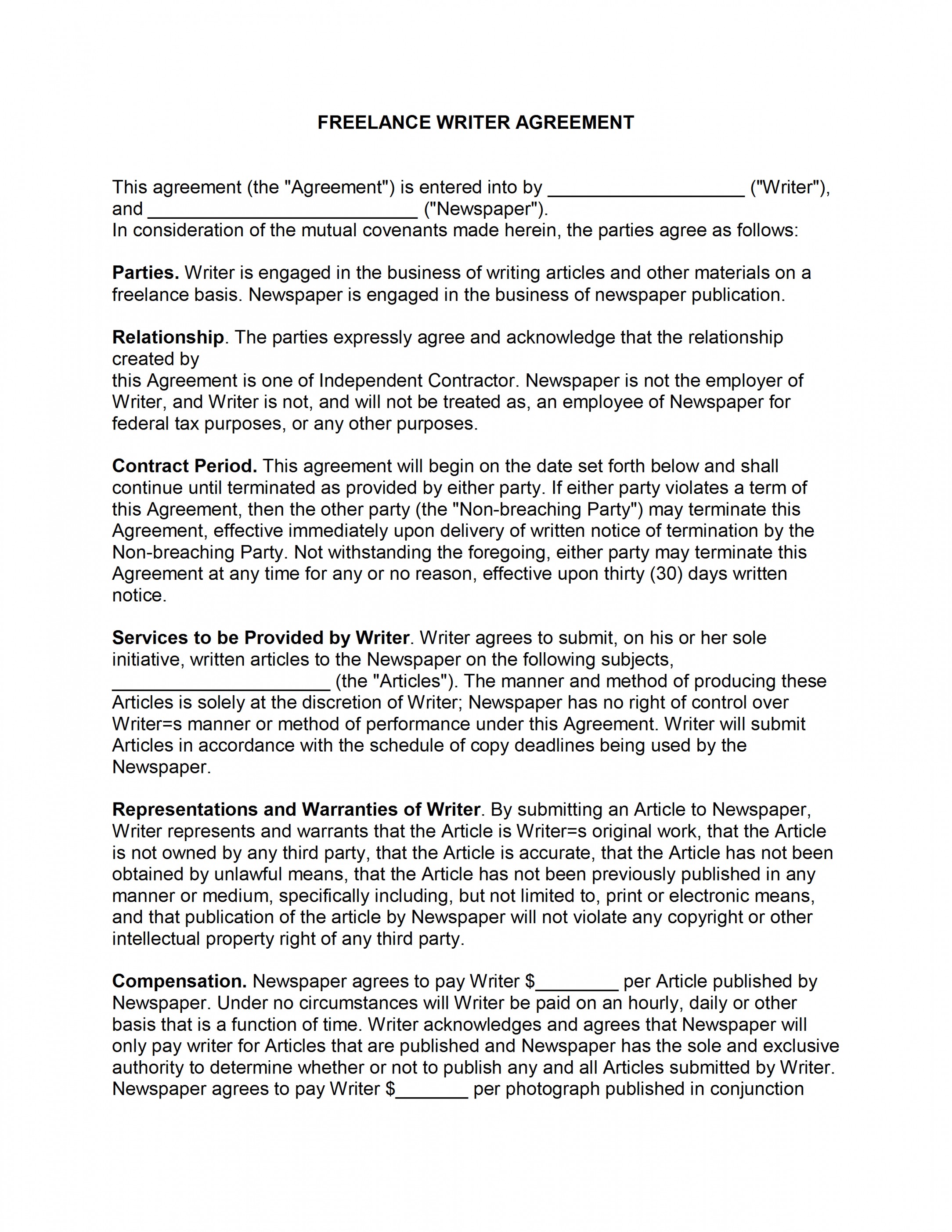 Freelance Contract Template Writer Agreement Document