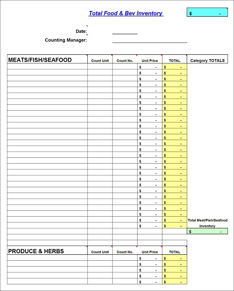 Full Service Restaurant Inventory Spreadsheet Document
