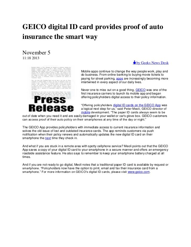 Geico Digital Id Card Provides Proof Of Auto Insurance The Smart Way Document Print Cards