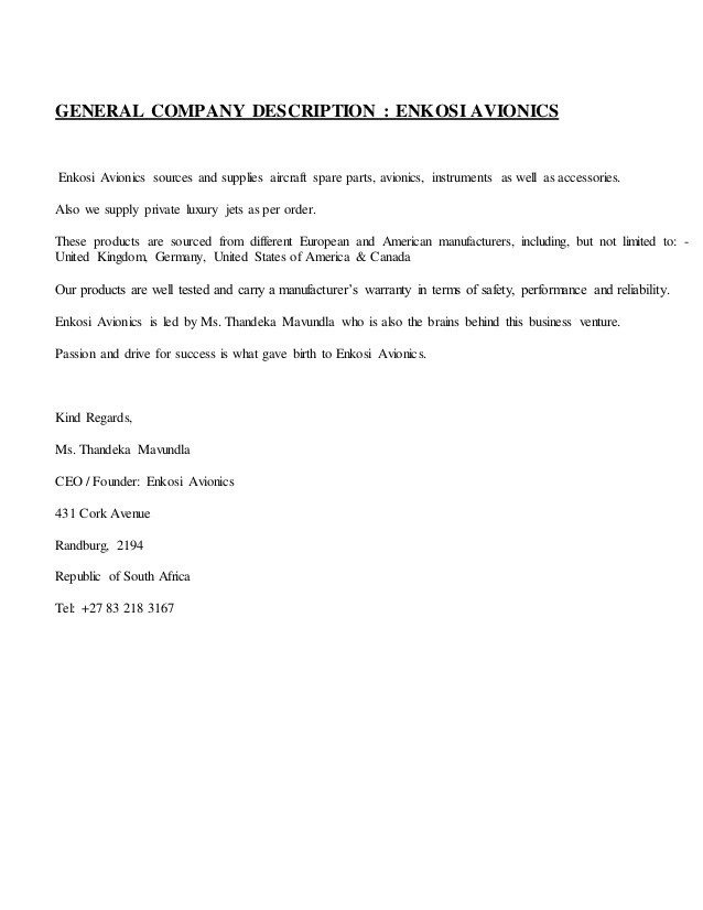 GENERAL COMPANY DESCRIPTION Enkosi Avionics Document General Company Description