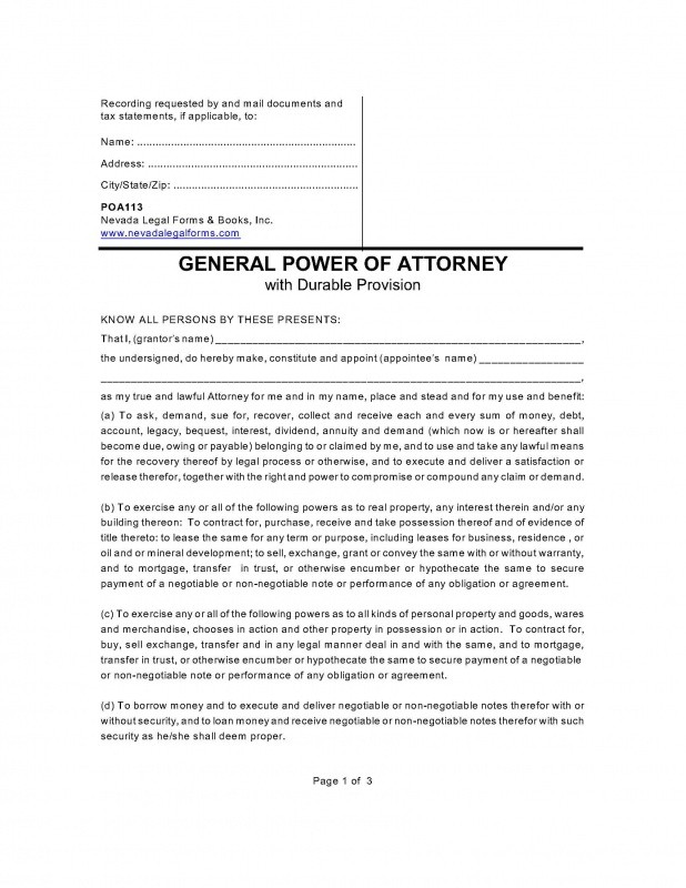 GENERAL POWER OF ATTORNEY With Durable Provision Nevada Legal Document Power Of Attorney