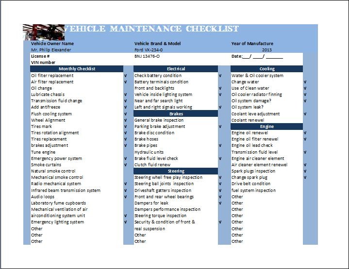 General Vehicle Maintenance Checklist Template Word Excel Templates Document Car