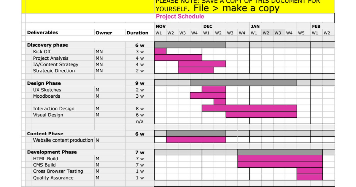 Generic Project Workback Schedule Web Redesign Google Sheets Document Excel Template