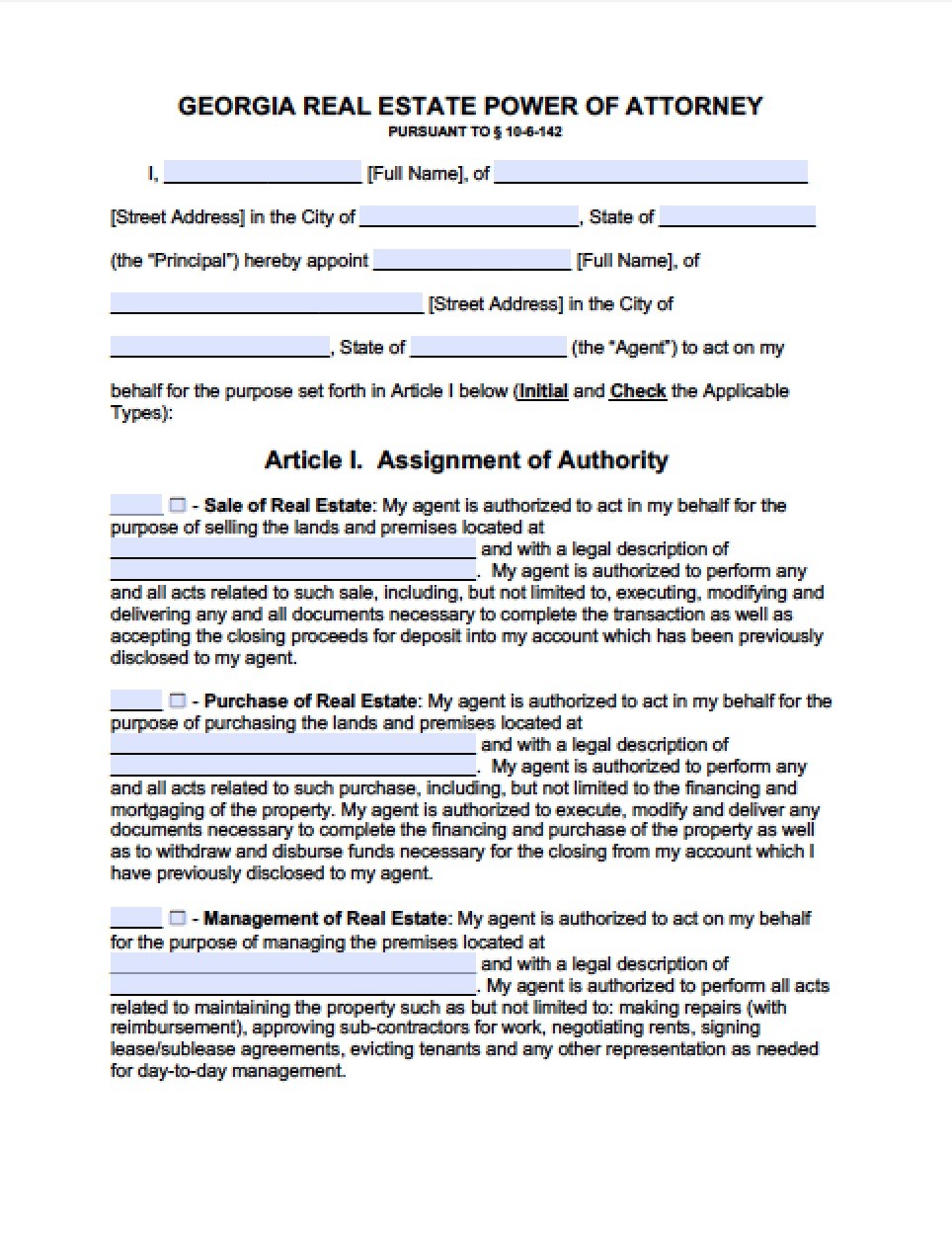 Georgia Real Estate ONLY Power Of Attorney Form Document