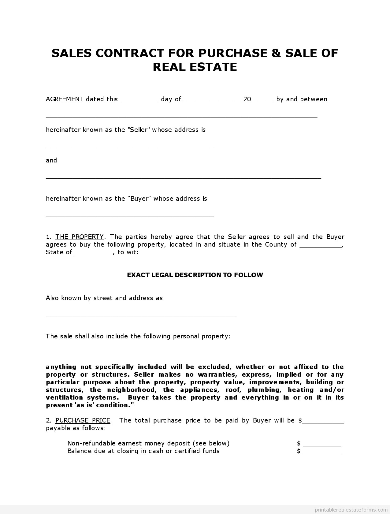 Get High Quality Printable Simple Land Contract Form Editable Document Fill In The Blank