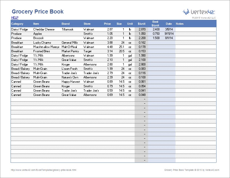 Grocery Price Book Template Document