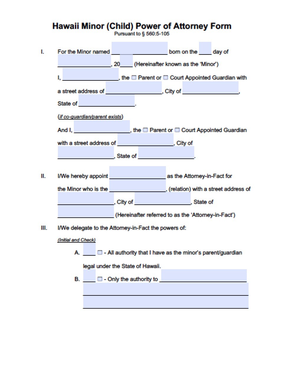 Hawaii Minor Child Power Of Attorney Form Document Forms