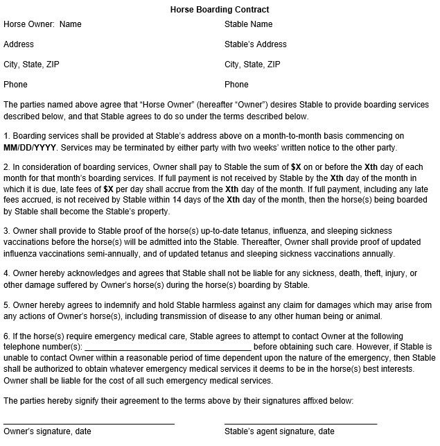 Horse Boarding Contract Template Document