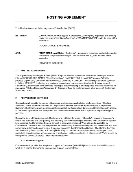 Hosting Agreement Template Sample Form Biztree Com Document Web