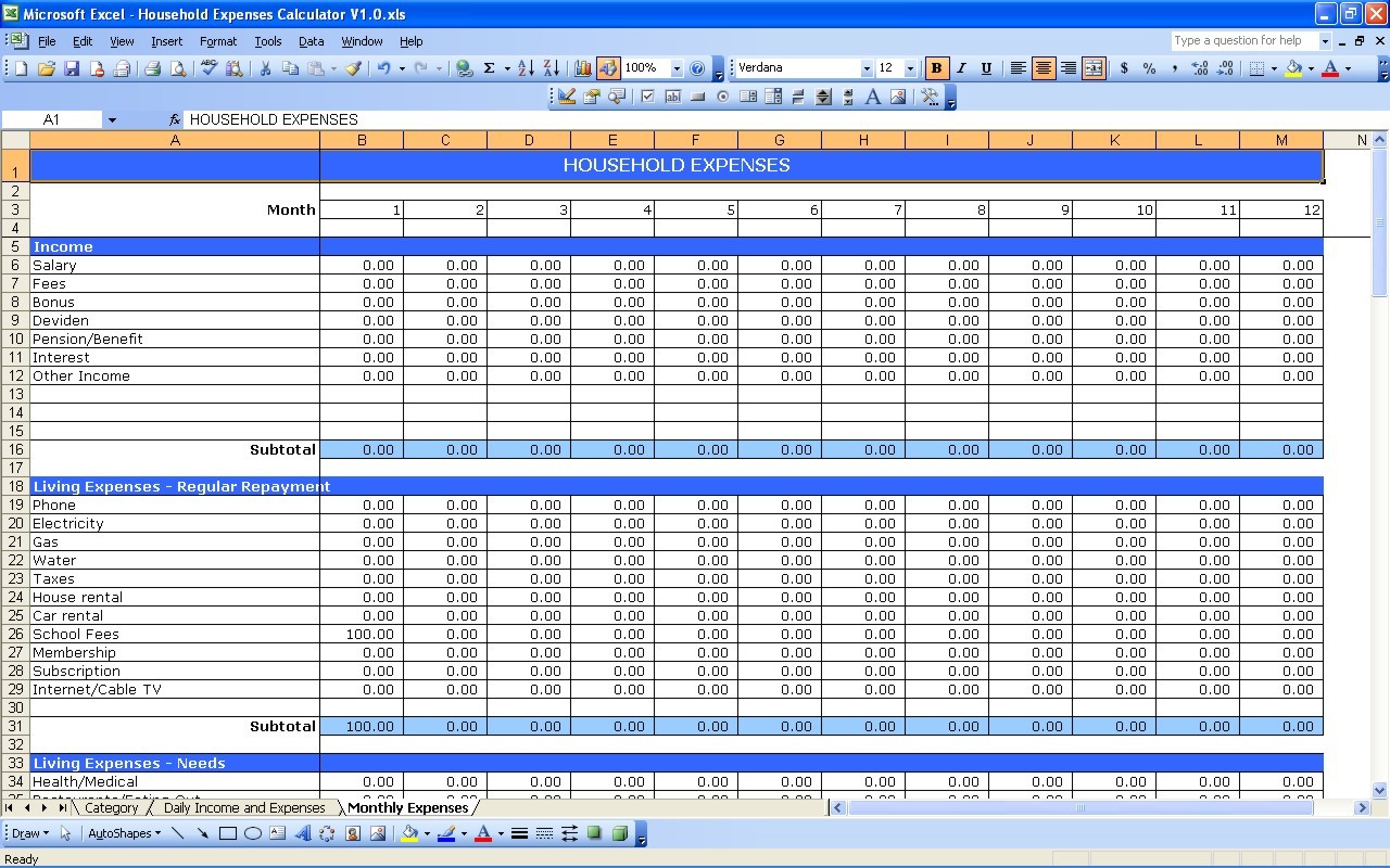 Household Expenses Excel Templates Document Expense Sheet