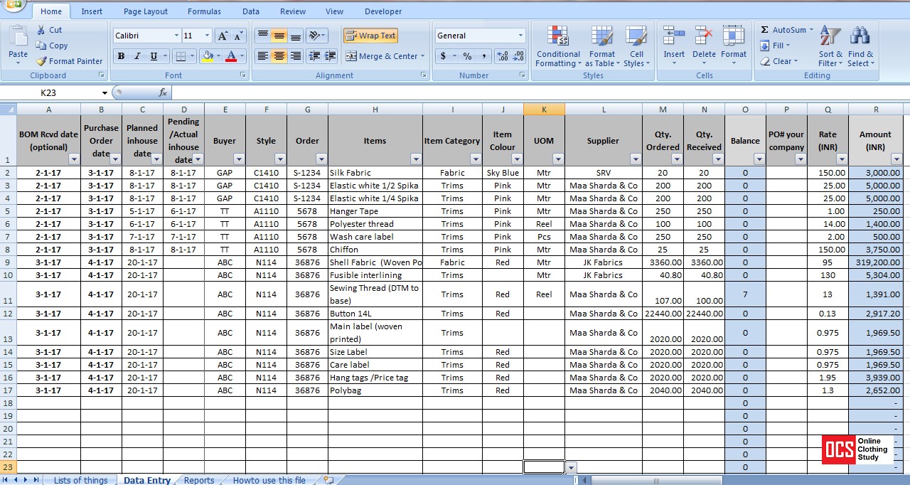 How To Maintain Fabric Trim And Accessory Record In An Excel Sheet Document Store