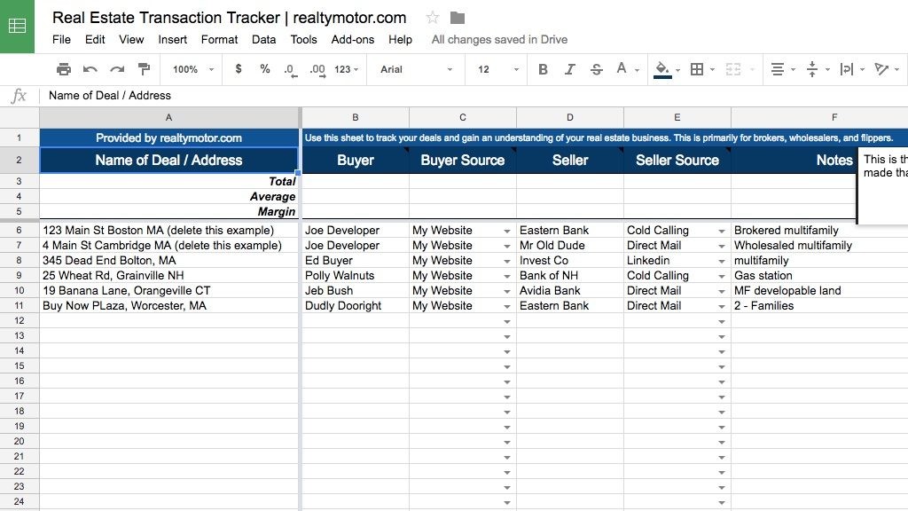 How To Set Real Estate Goals Worksheet Transaction Tracker Document Spreadsheet Template