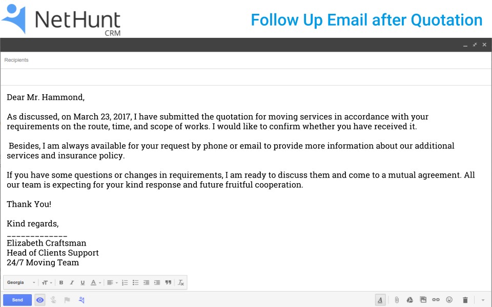 How To Write A Follow Up Email Client After Quotation NetHunt CRM Document Offer