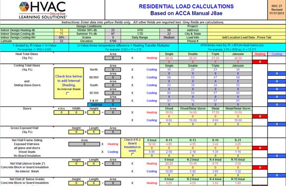 HVAC Learning Solutions Load Calculation Short Form Document Residential Heat Spreadsheet