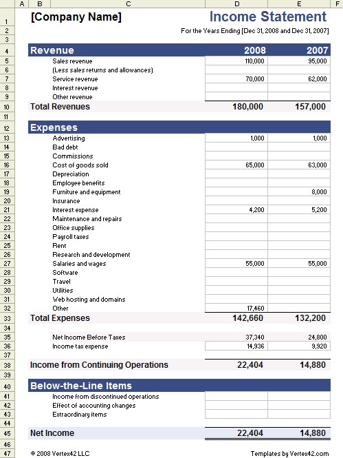 Income Statement Template For Excel Document Financial