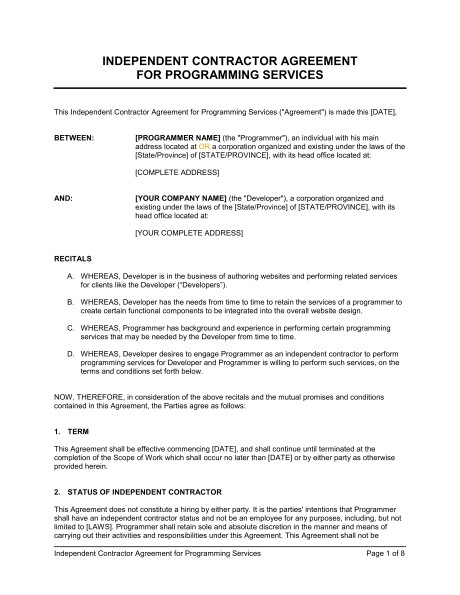 Independent Contractor Agreement For Programming Services Template Document