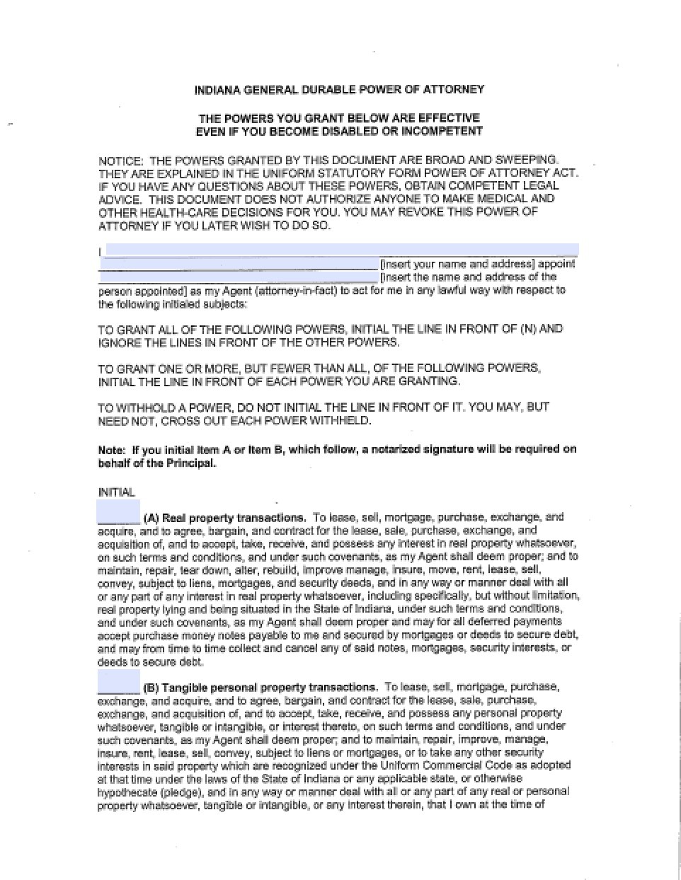 Indiana Durable Financial Power Of Attorney Form Document Pdf