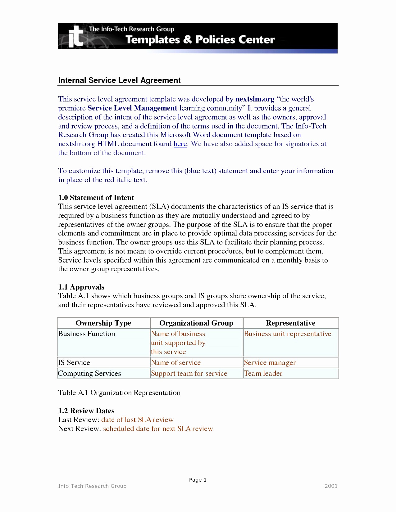 Information Technology Service Level Agreement Template Fresh Document Sample For