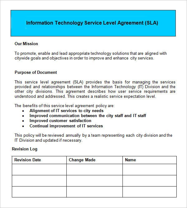Information Technology Service Level Agreement Template Myexampleinc Document