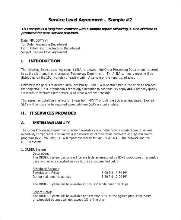 Information Technology Service Level Agreement Template Myexampleinc Document Sample