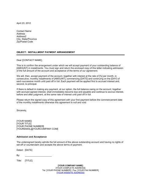 Installment Payment Agreement Template Sample Form Biztree Com Document Monthly Contract