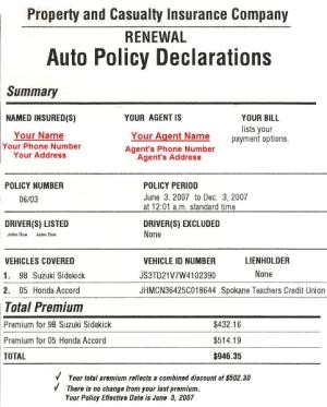 Insurance Declarations Page Document Auto