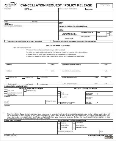 Insurance Policy Cancellation Form Document