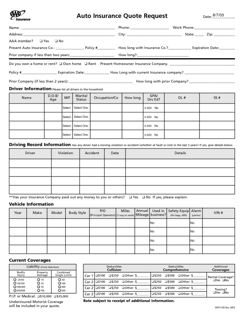 Insurance Quote Sheet Template And Free Document Auto