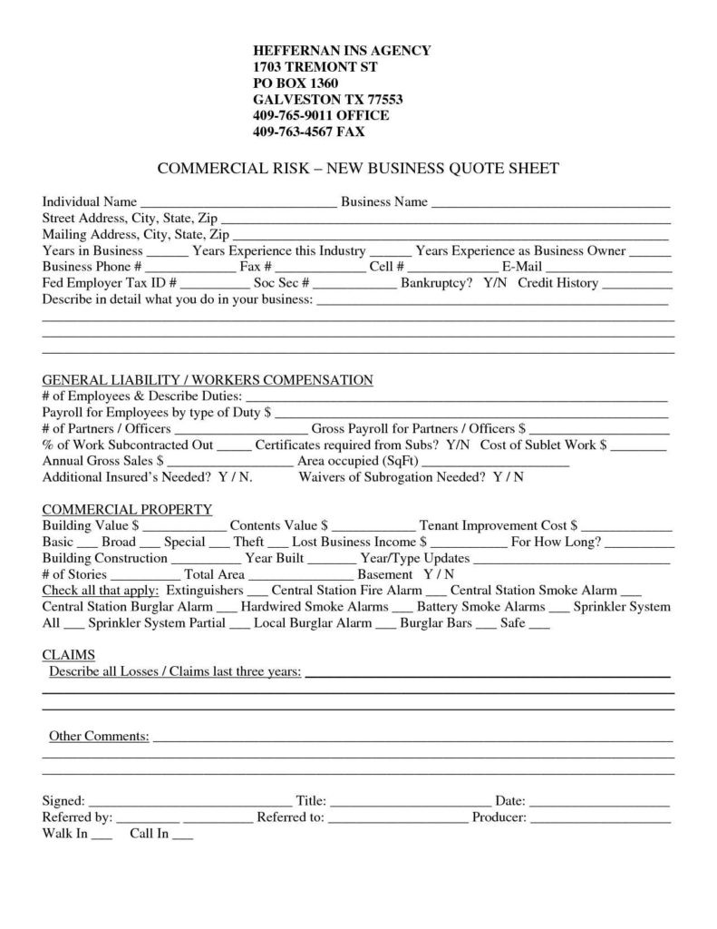 Insurance Quote Sheet Template And Sample Quotes For Home
