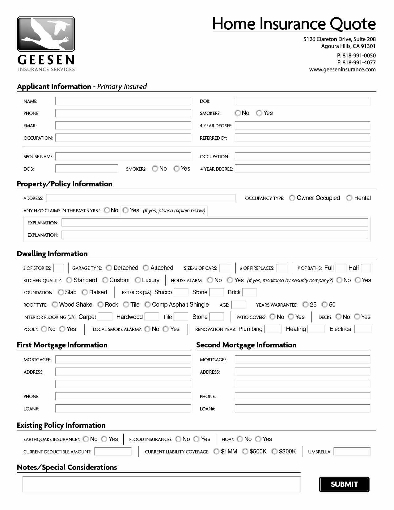 Insurance Quote Sheet Template With 50 Luxury Owners Document