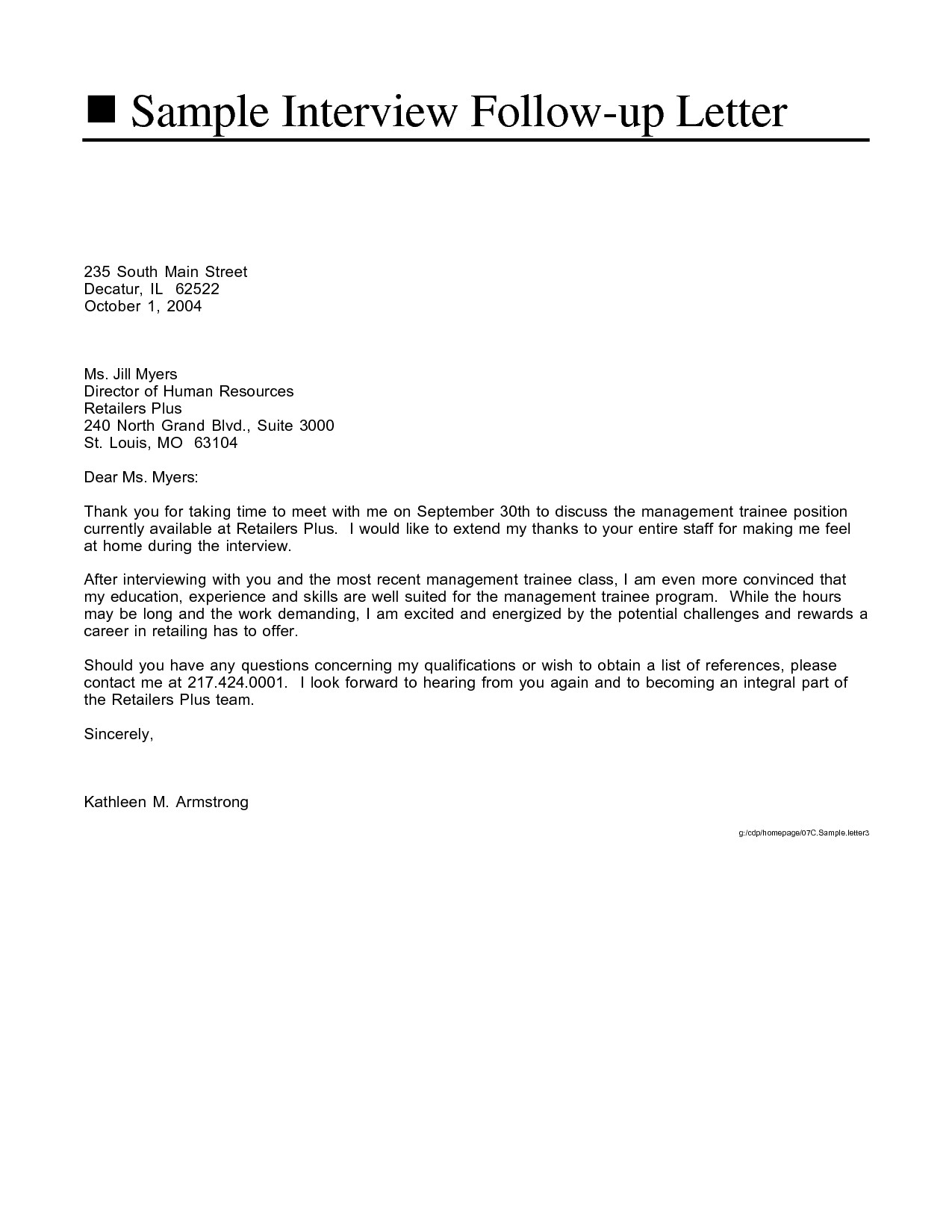 Interview Follow Up Letter Letters To Send After An Document Job Email Template