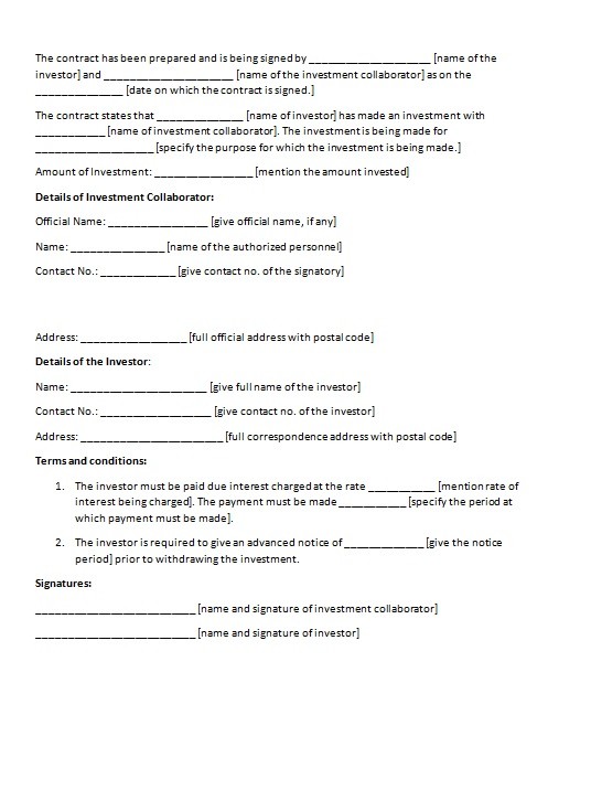 Investment Agreement Sample Simple Template Document